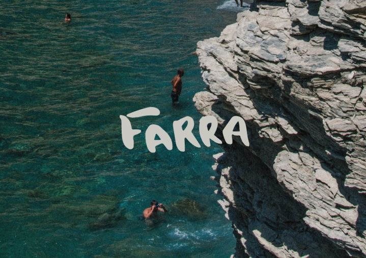 Image of people swimming by rocky cliffs, with Farra text in the middle