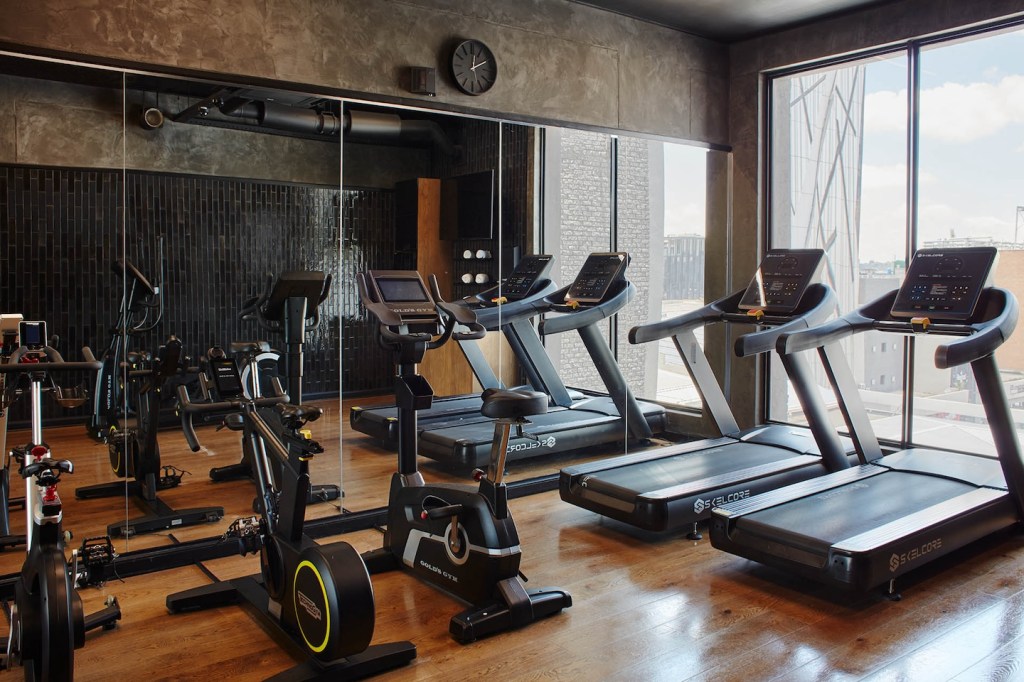A modern cardio room featuring a row of treadmills and stationary bikes. The space has an industrial aesthetic with wood flooring, dark tiled walls, and large floor-to-ceiling windows overlooking a city skyline. Large mirrors on the wall expand the feel of the room.