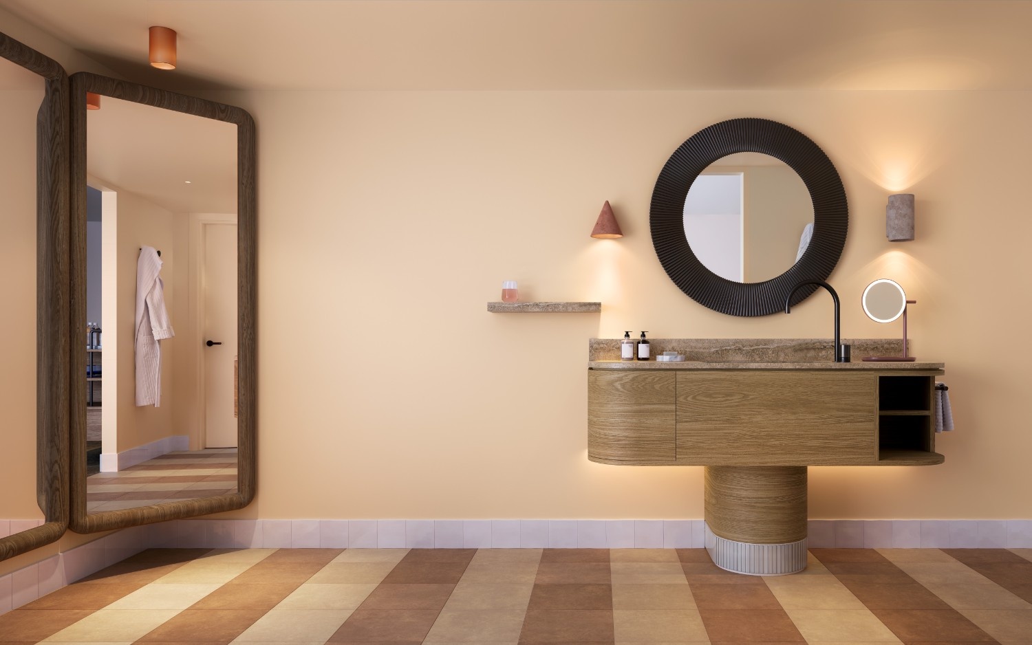 Warm-toned bathroom with a floating wooden vanity, stone countertop, and a large round mirror.