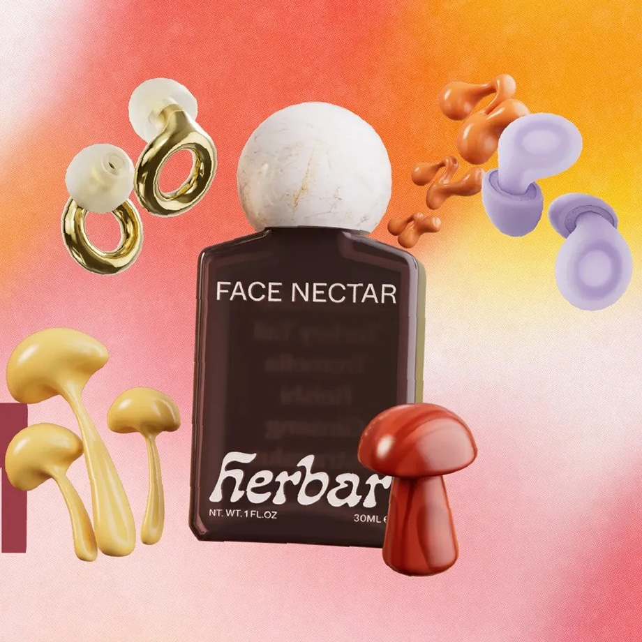 Herbar Face Nectar bottle surrounded by artistic 3D elements like mushrooms, gold jewelry, and earplugs on a red and orange gradient background.