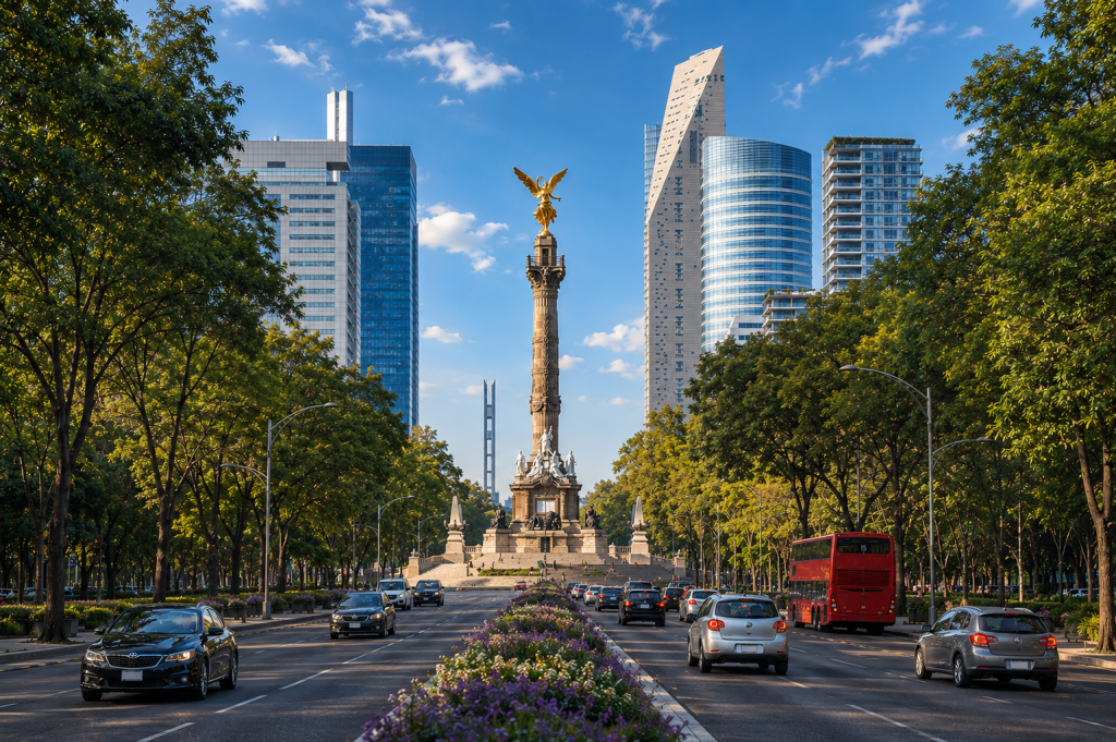 Vue du Paseo de la Reforma à Mexico, mettant en avant l'emblématique monument de l'Ange de l'Indépendance, encadré par des gratte-ciel modernes et des avenues bordées d'arbres, sous un ciel bleu limpide. Image utilisée pour illustrer le Hyde Mexico City Reforma, dont l'ouverture est prévue en septembre 2026.
