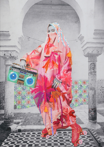 Art piece of woman in hot pink burka with palm trees on it holding a teal radio
