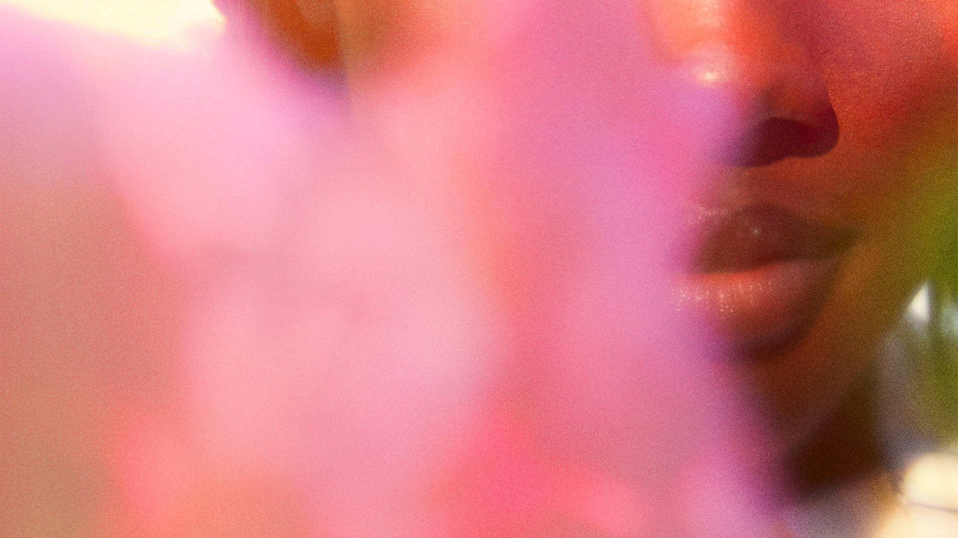 Pink flower blurred over woman's face close up
