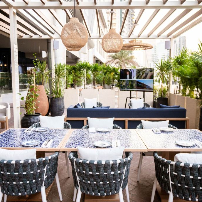 Hyde Dubai Cleo Outdoor Terrace Blue Table