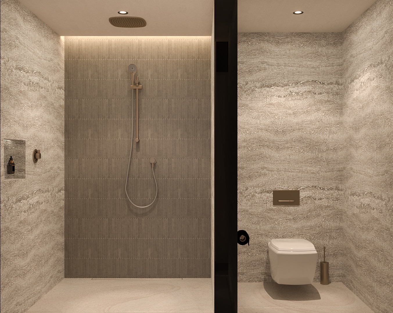 Large grey walk-in shower with glass doors and small toilet to the right