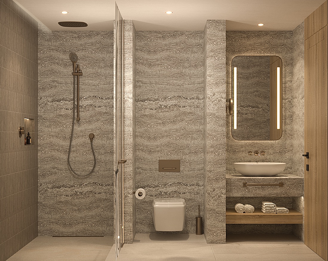 Grey bathroom with standing shower, small toilet, and small counter with white sink and rectangular mirror
