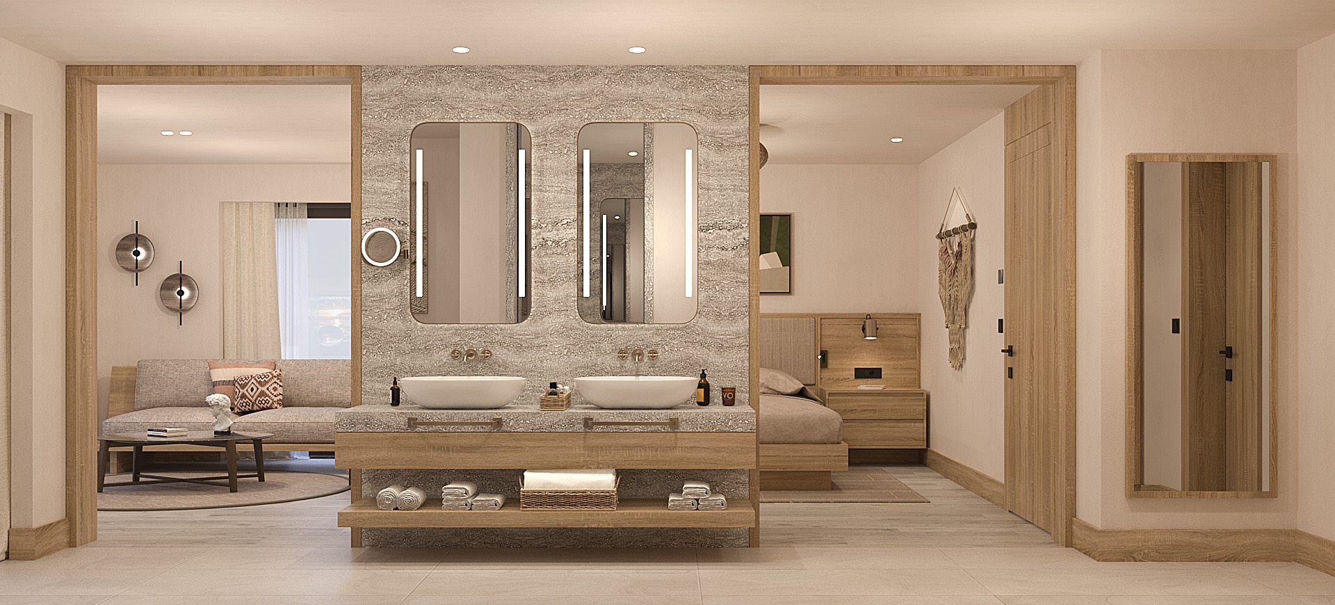 Large cream bathroom with double sink, two rectangular mirrors, and two open doors showing a sofa and part of a bed