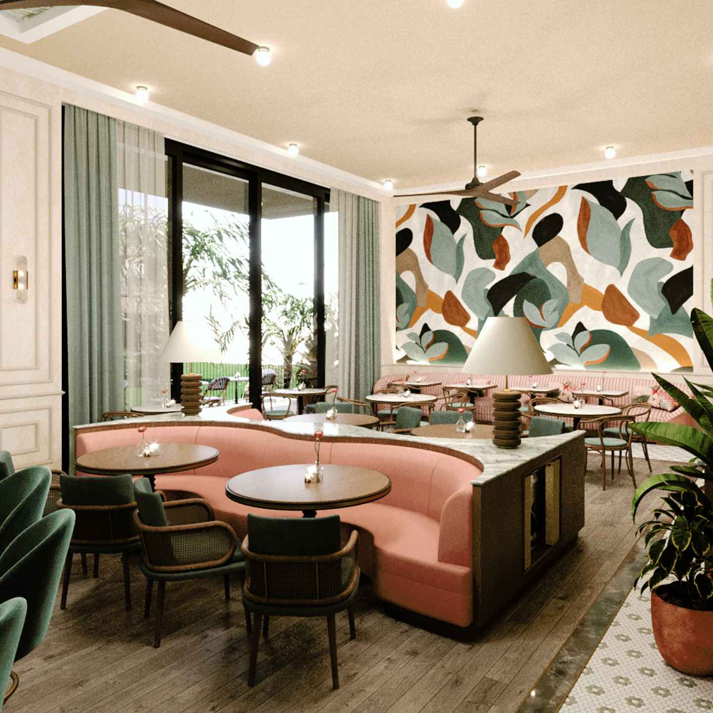 Dining room with large pink booth, small round wooden tables, and green chairs, with colorful wallpaper in the background and sliding glass doors
