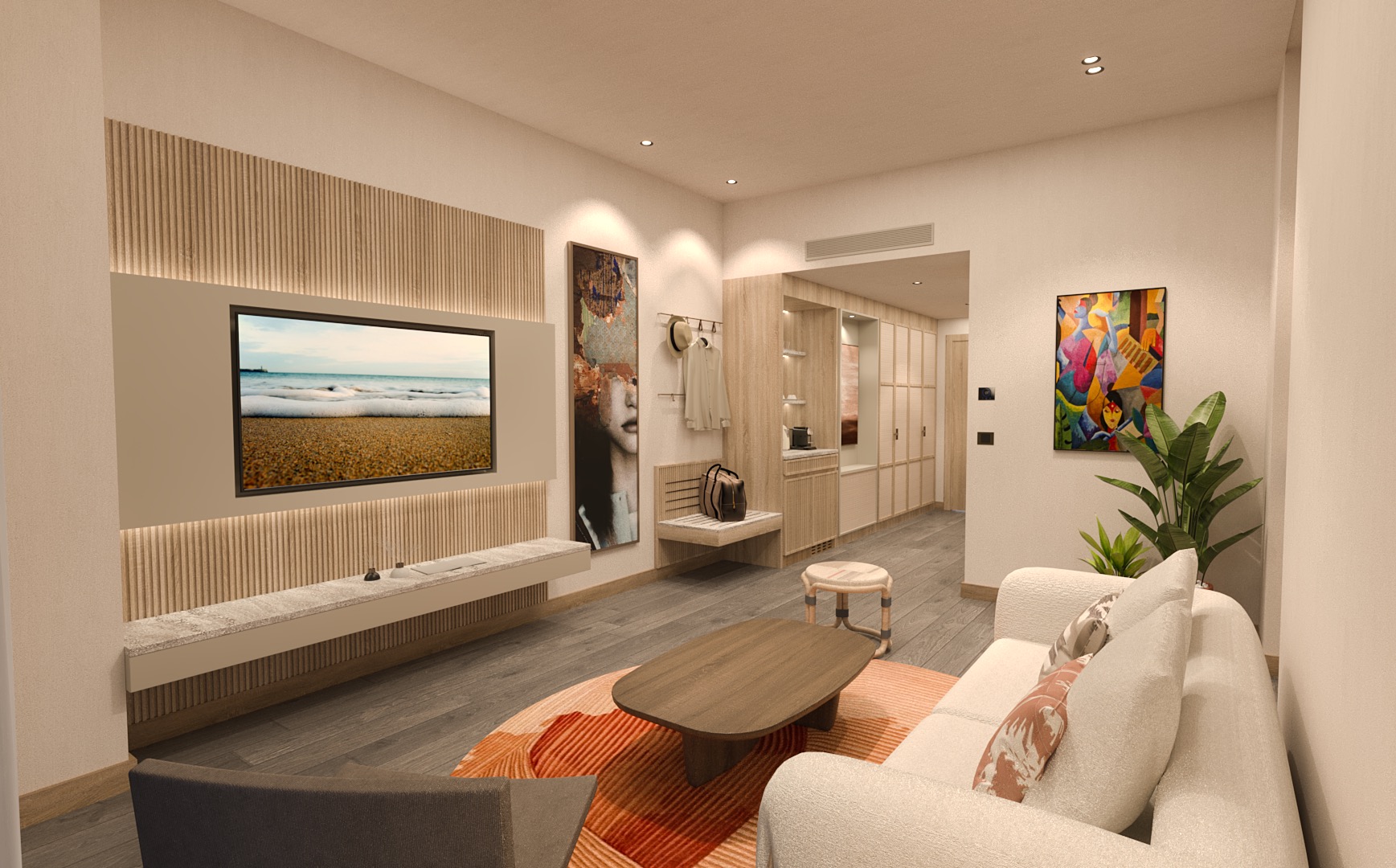 Large living space with light wood accents, cream sofa, plasma tv, various artwork, and orange circular rug