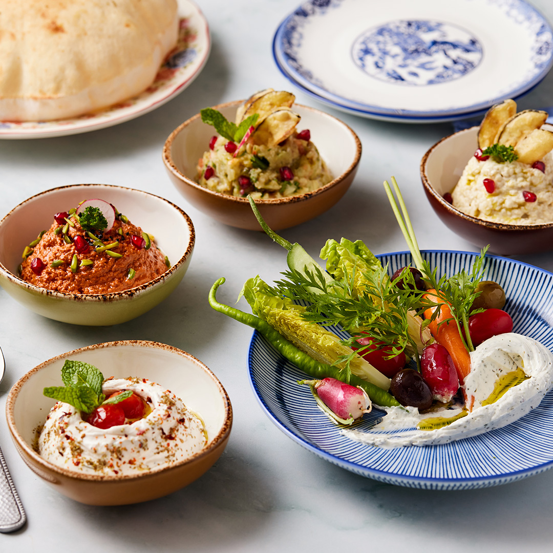 Vegetables, hummus, and other mezze dishes on round plates on a marble table