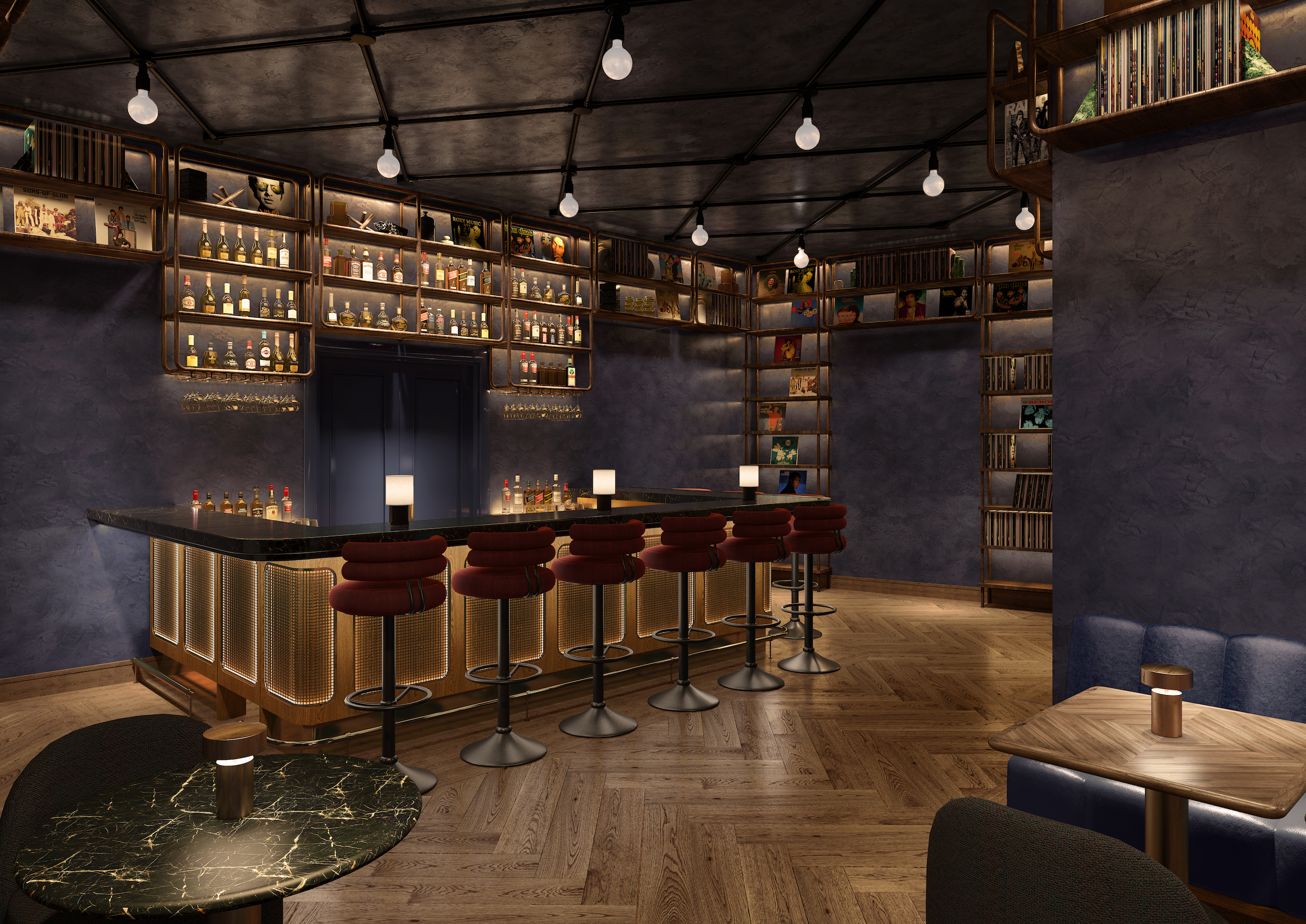 Render of a dark bar with maroon bar stools, light wood floor, small booth, and marble side table