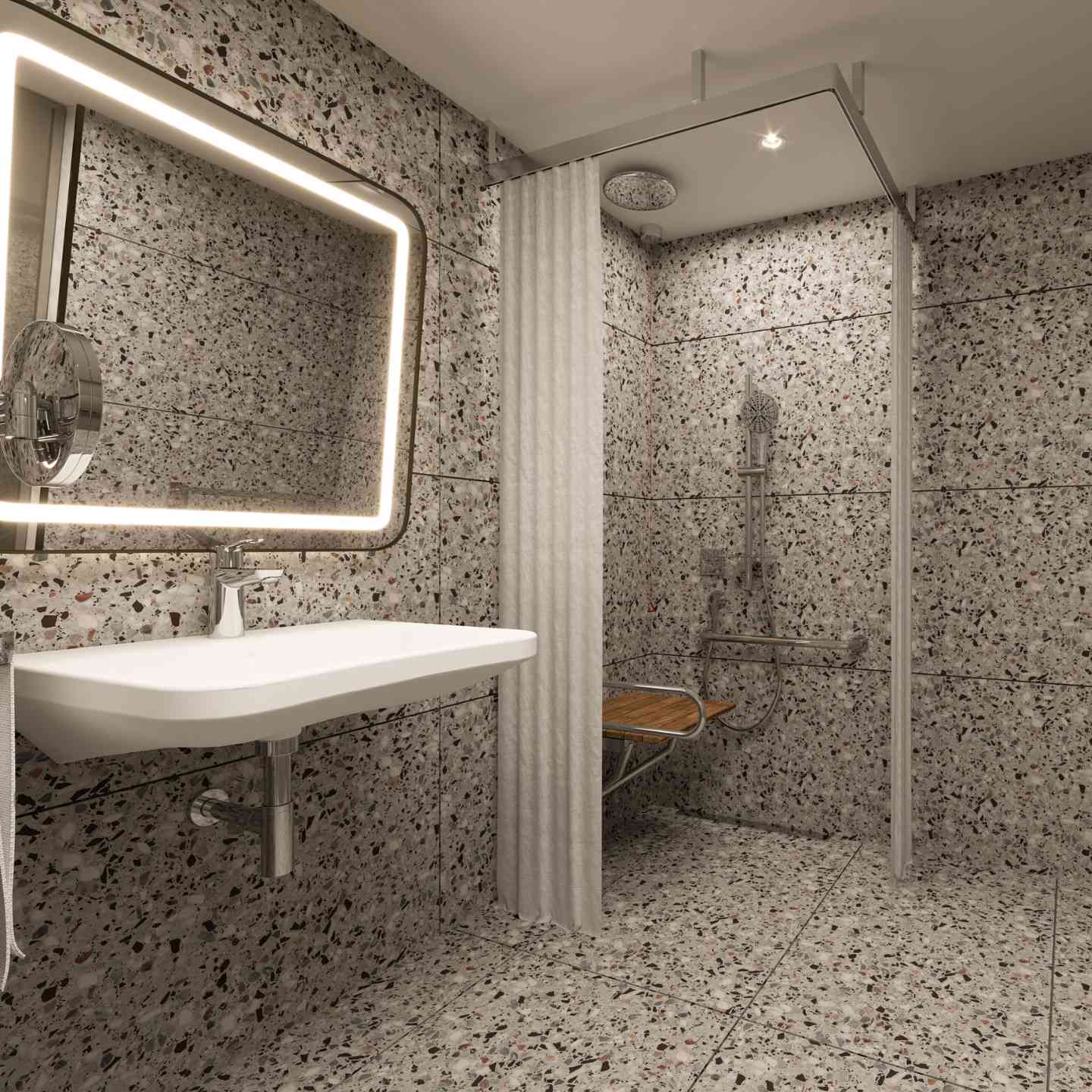 Angled view of a large white sink, rectangular mirror, and large walk-in shower in the background