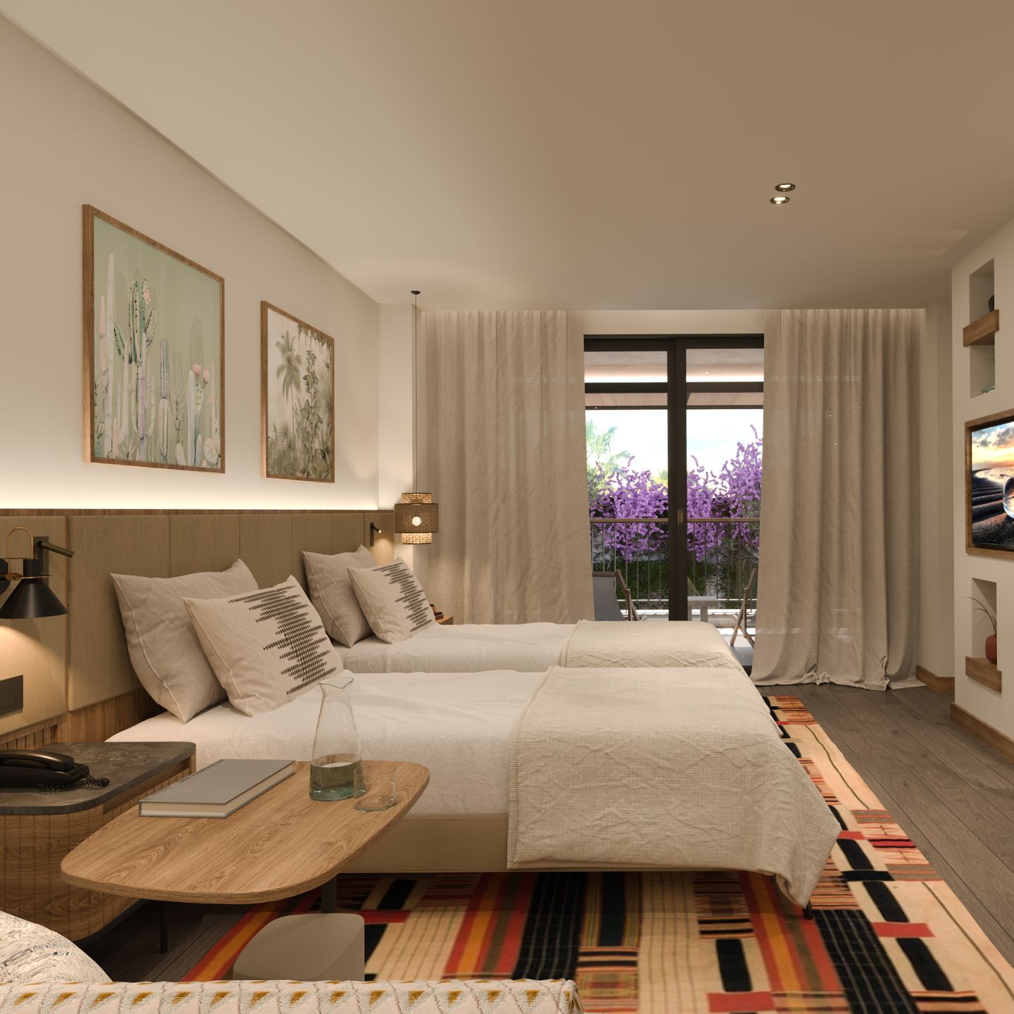 Two beige twin beds with wooden headboard on a colorful striped rug with wooden side table with artwork on walls, beige curtains opening to sliding doors in the background