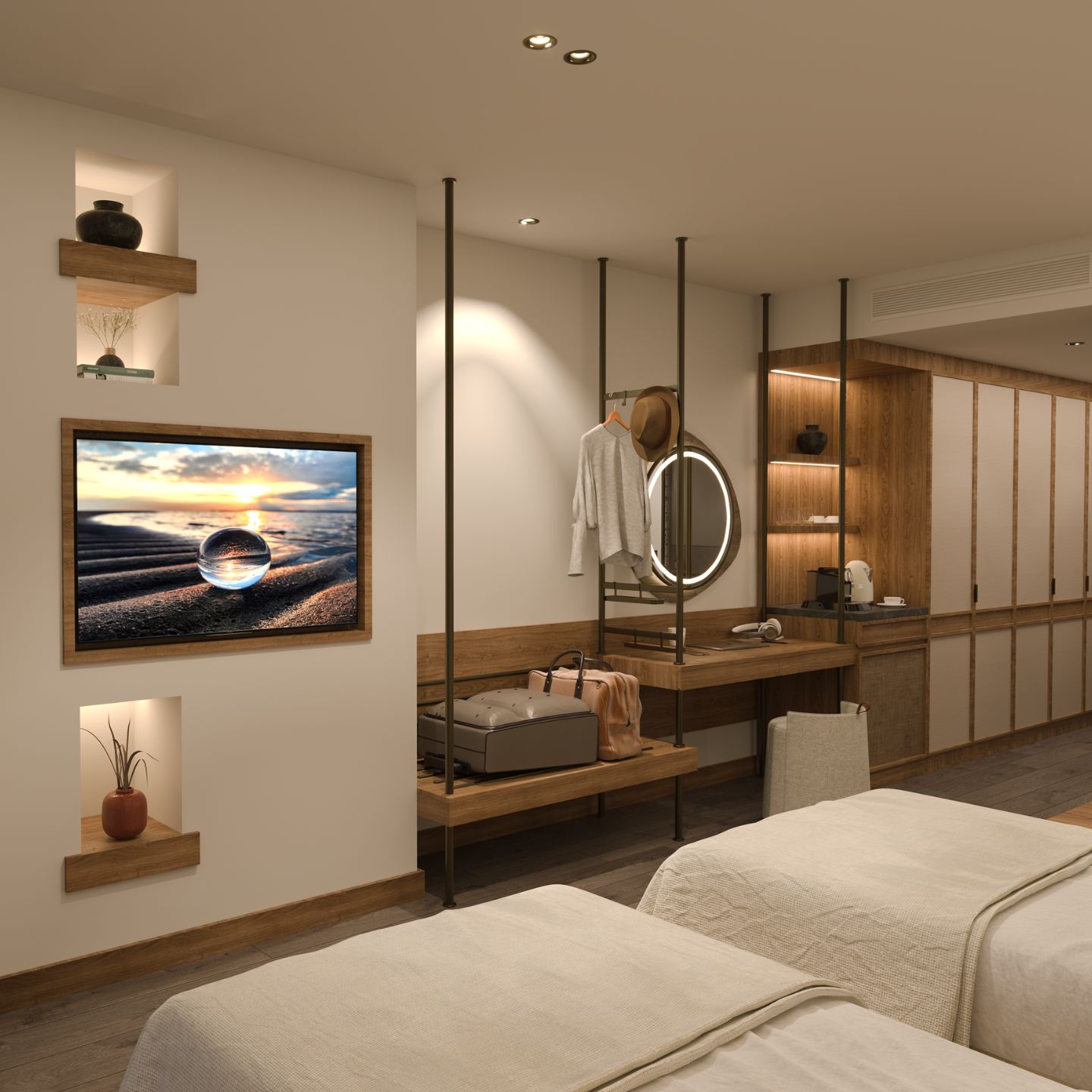 Angled view of two beige twin beds facing a tv on the wall with wooden bench and wooden vanity