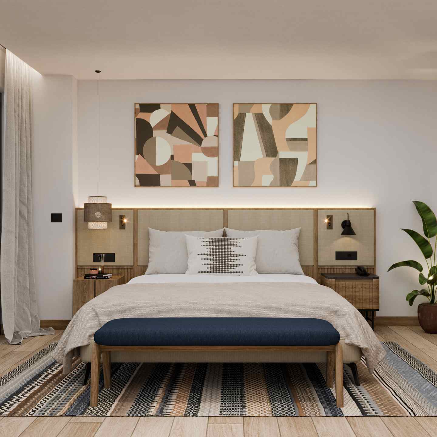 Large beige bed with beige and light wooden headboard with blue bench in front of it and two abstract artworks on the wall behind the bed