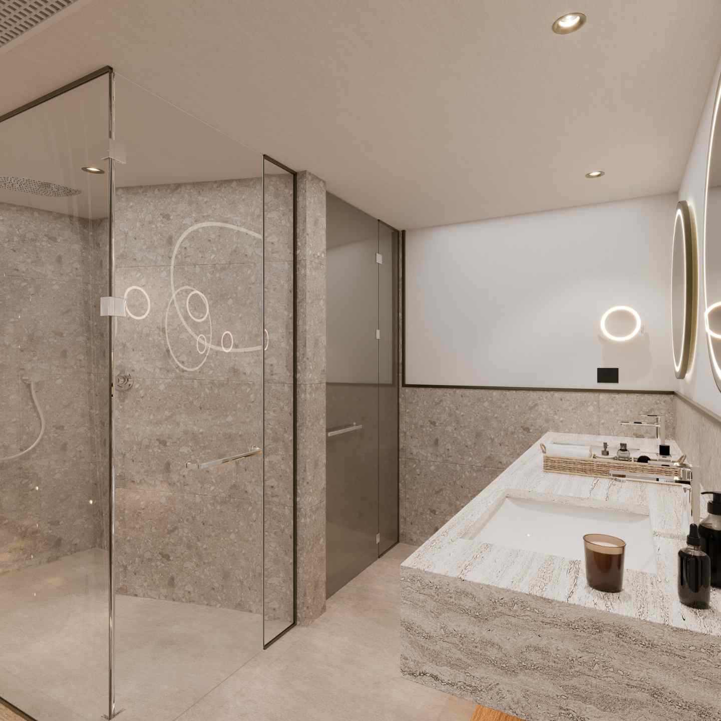 Large marble bathroom with sink and walk-in shower