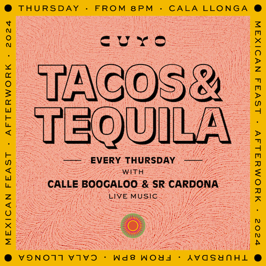 Graphic design of pink background and yellow frame that says "Cuyo Tacos & Tequila every Thursday with Calle Boogaloo & SR Cardona Live Music"