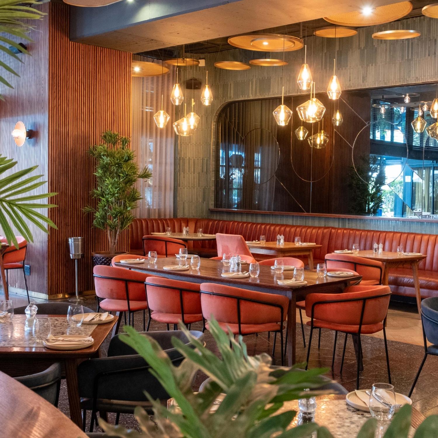 Ambient lighting, with an 8-seater table underneath, and plants around the Proud Mary restaurant.