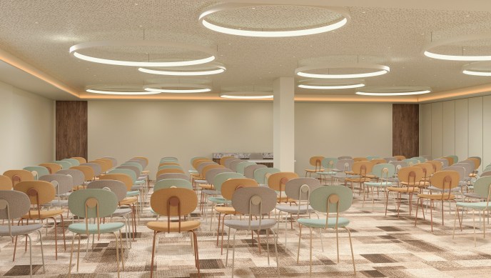 Render of large meeting space called Art Basel