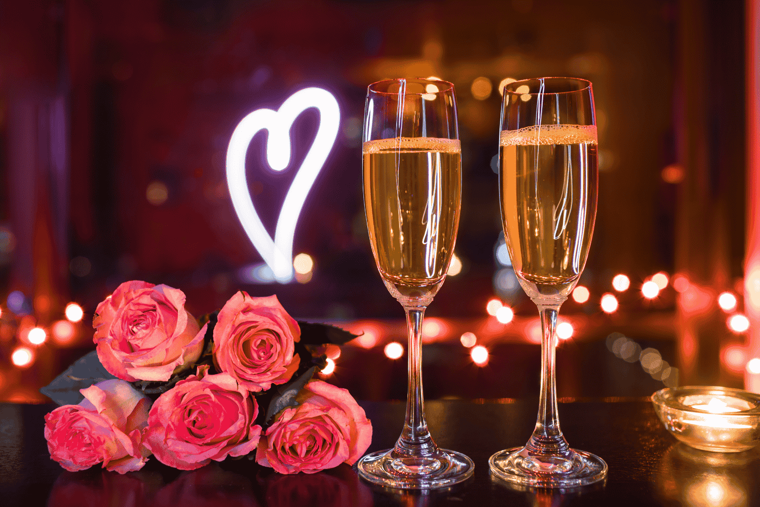 Two champagne glasses with a bouquet of pink roses on the left and a lit candle on the right, sitting on a table in front of fairy lights and an illuminated heart sign in the background.